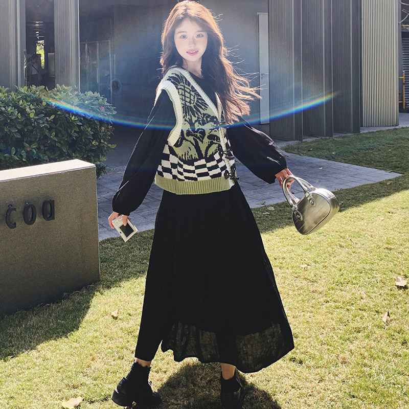 设计感针织提花马甲黑色连衣裙套装女2025春新款高级感长裙两件套,女装套装/套裙,2C069