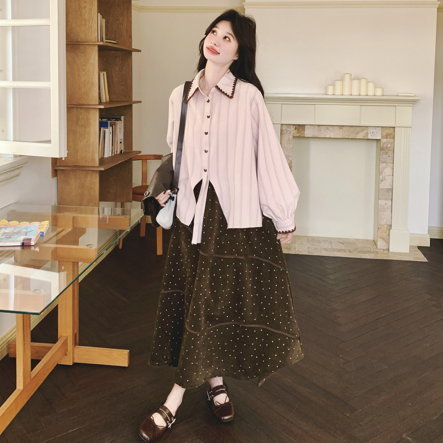 【】粉色条纹衬衫+波点半身裙+PU马甲3件套6088-P225K368,女装套装/套裙,2C069
