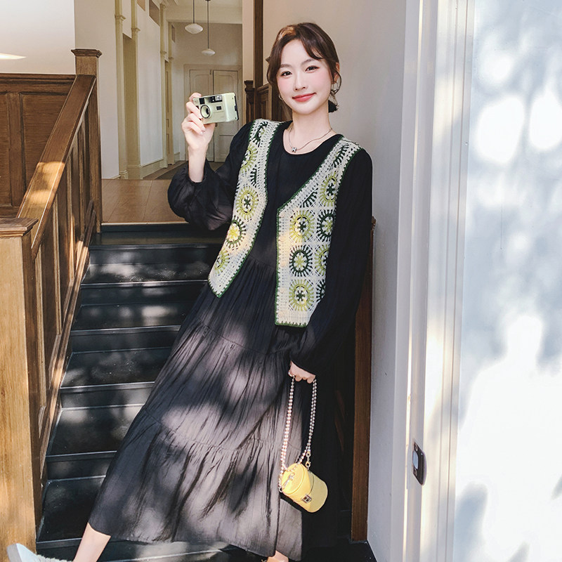 【】复古彩色格子钩花马甲+连衣裙套装2866-P155K218,女装套装/套裙,2C069
