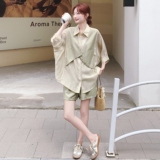 2025夏季新款韩版时尚气质百搭显瘦假两件衬衫高腰短裤两件套女潮，女装套装/套裙，2C069