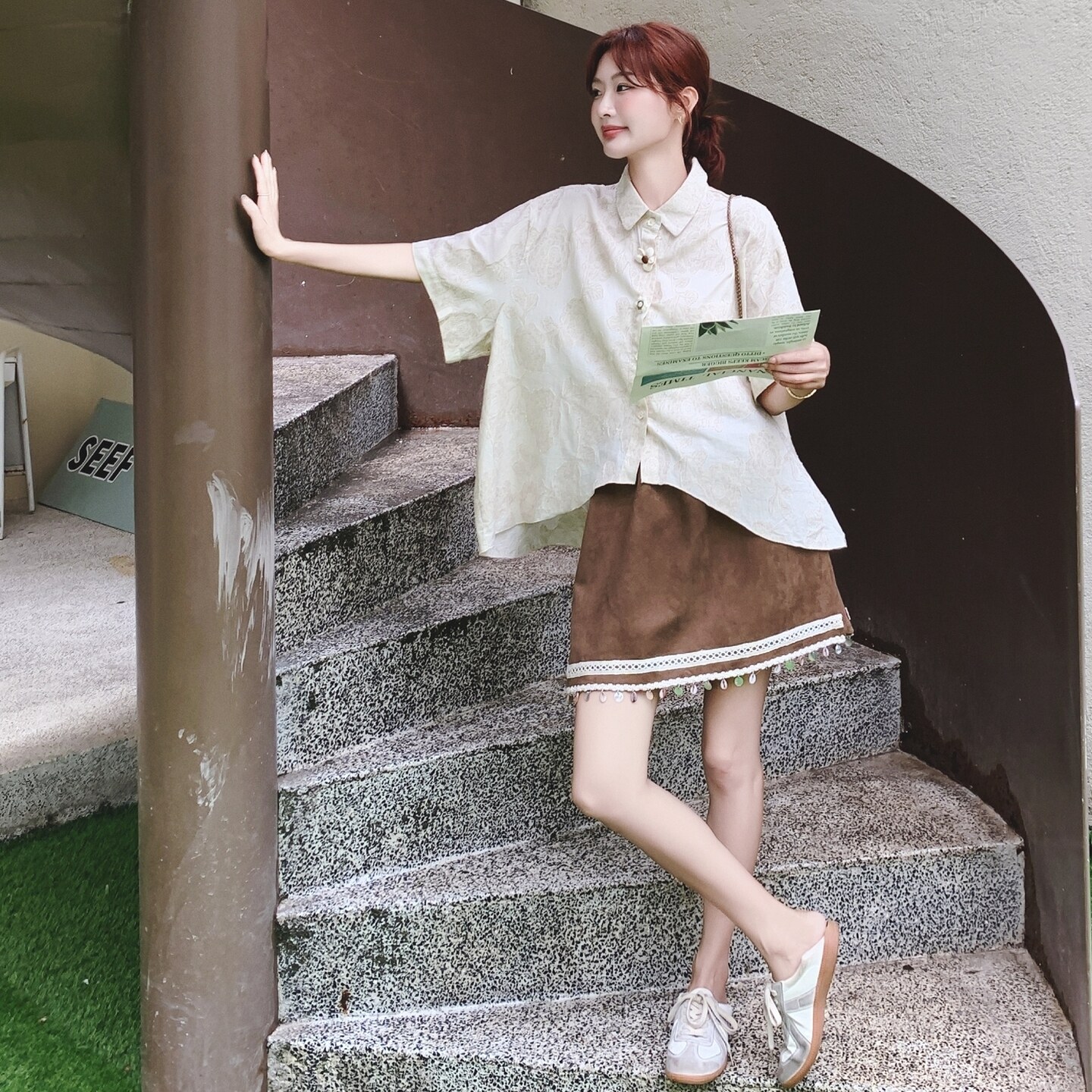 2025夏季新款时尚气质百搭显瘦新中式国风短袖衬衫半身裙两件套女,女装套装/套裙,2C069