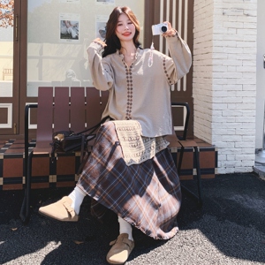 设计感不规则上衣格纹半身裙两件套女2025秋季新款复古文艺套装潮图片