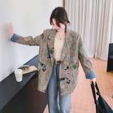 涂鸦牛仔拼接格子西装外套女春秋高级感美式英伦风独特设计西服，女装西装，2C069