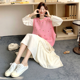 【】花边拼接连衣裙+粉流苏针织马甲套装2522-P185K258，女装套装/套裙，2C069