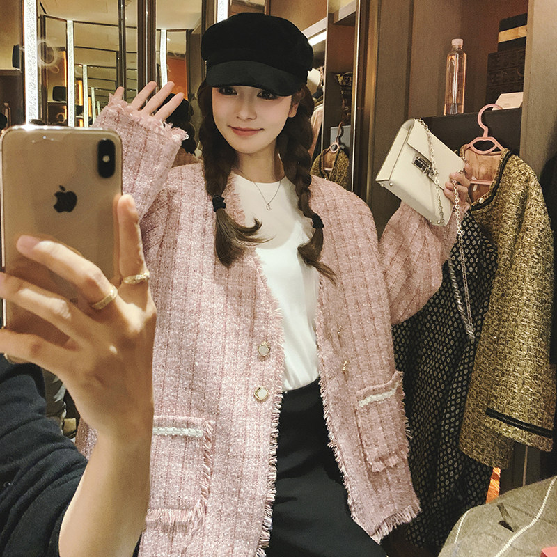 粉色流苏V领小香风外套女2025春秋新款韩系甜美小个子短款上衣潮,女装毛呢外套,2C069