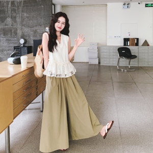 蕾丝拼接无袖上衣阔腿裤套装女夏2025新款两件套绝美俏皮又酷又飒图片