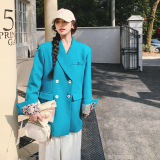 【】炸街豹纹袖口拼接湖蓝色西装外套2885-P145K208，女装西装，2C069