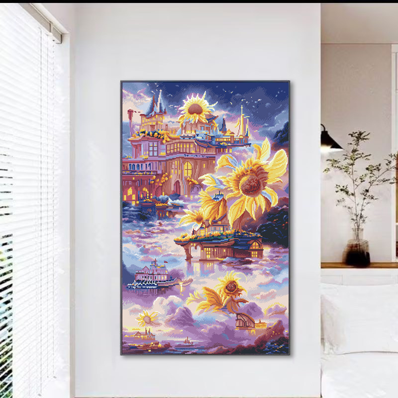 蒙娜丽莎皇室十字绣diy材料包 向日葵城堡 梦幻浪漫风景37色满绣