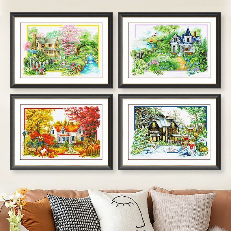 春夏秋冬四季十字绣2025新款客厅绣线风景山水画四联画手工绣满绣