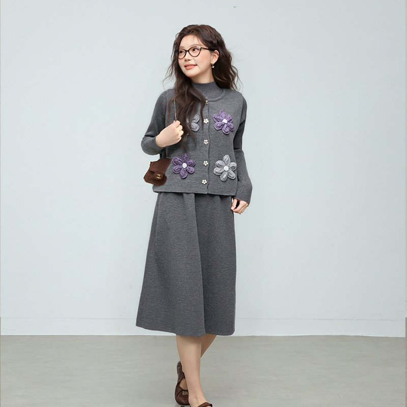 立体花朵刺绣针织裙两件套女