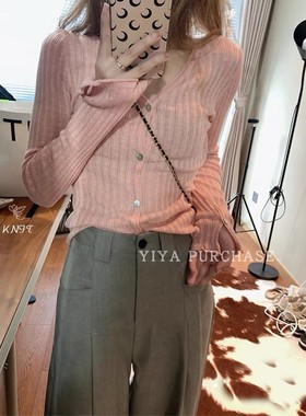 韩国东大门 粉色内搭V领针织开衫 修身显瘦长袖针织衫上衣F100