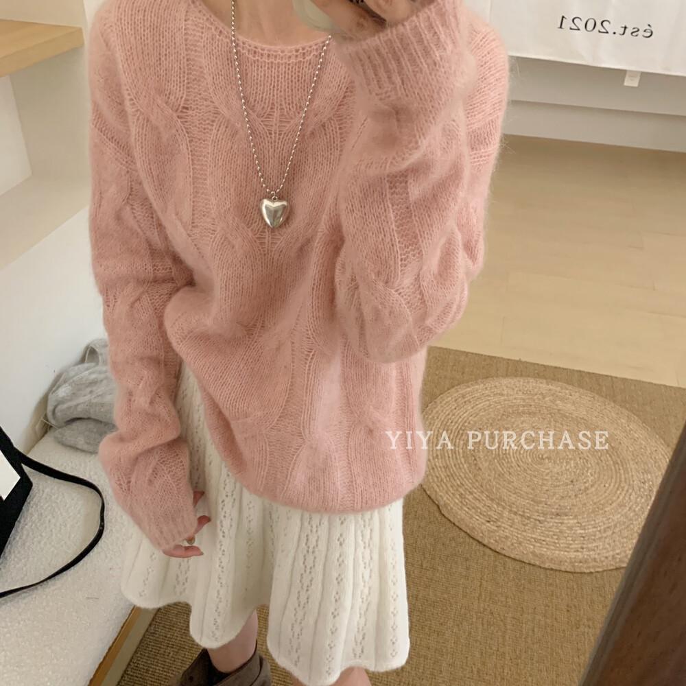 超细羊驼慵懒风麻花一字领针织衫