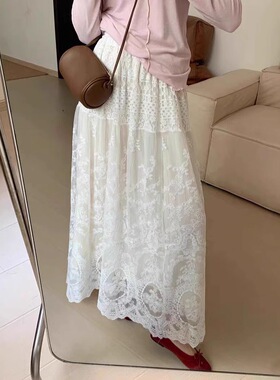 早春！ria家韩国东大门甜美气质百搭慵懒风白色蕾丝裙 长款半身裙