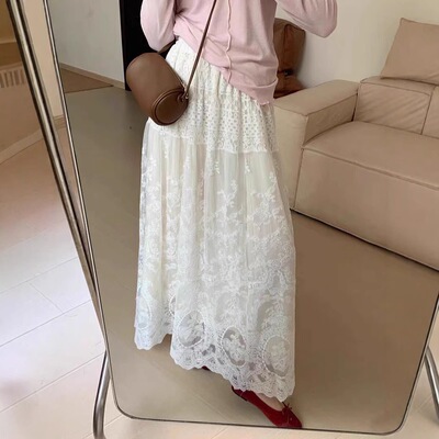 早春！ria家韩国东大门甜美气质百搭慵懒风白色蕾丝裙 长款半身裙