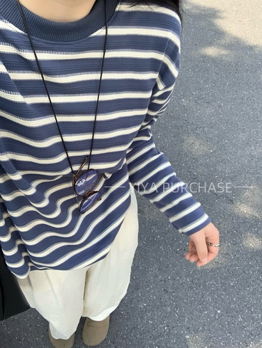 秋款慵懒风宽松条纹长袖打底衫