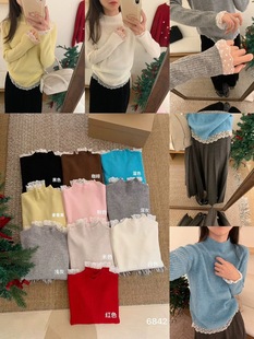 蕾丝拼接坑条针织衫 韩国东大门 打底上衣F38 100%羊毛 秋上新