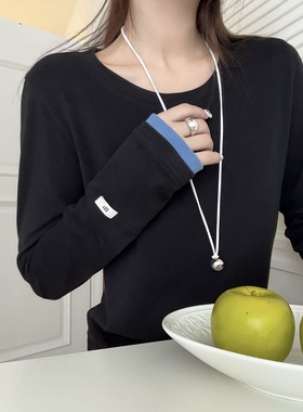 冬秋上新！egg家韩国东大门 简约拼色设计圆领打底衫长袖T恤上衣