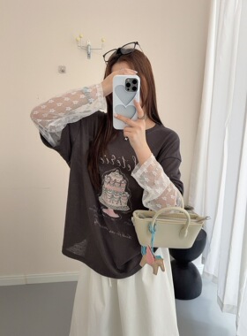 韩系ins风蛋糕印花假两件长袖T恤女宽松百搭显瘦上衣