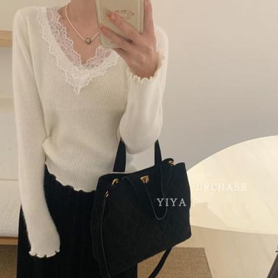 韩国东大门蕾丝v领打底衫