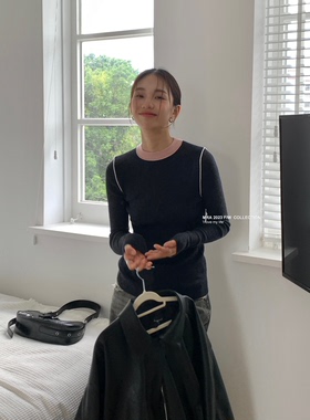 27%羊毛）韩国东大门百搭撞色弹力圆领超薄针织衫毛衣打底上衣女