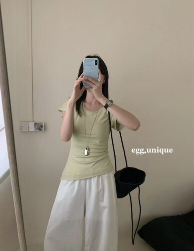 夏季修身纯色褶皱开叉短袖T恤