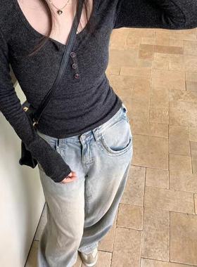 Mon韩国东大门2025秋装 简约修身长袖 内搭短款打底上衣