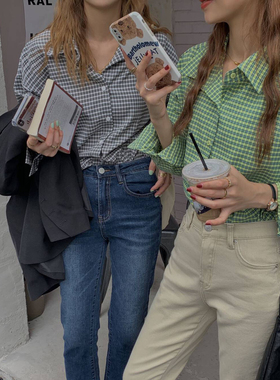 现货 M家韩国东大门2025秋款 气质百搭 宽松绿色格子衬衫上衣F315