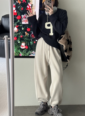 现货~！Pap家东大门显瘦带抽绳百搭加绒保暖休闲裤直筒运动裤长裤