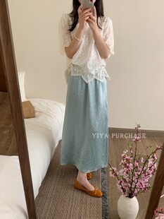 压褶直筒开叉半身裙中裙B130 韩国东大门2025夏季 现货 100醋酸