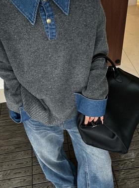 现货~100%绵羊毛)东大门 潮流牛仔拼接设计款时髦穿搭保暖毛衣F62