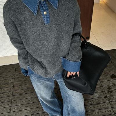 东大门牛仔拼接毛针织衫