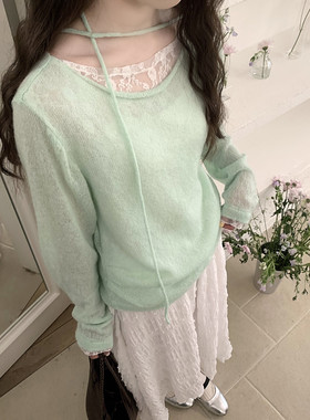 现货～秋上新SHE家韩国东大门蕾丝拼接甜美气质绿色针织衫毛衣F31