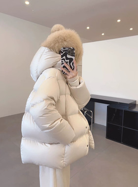 现货～90%白鸭绒）韩国东大门 纯色简约百搭连帽加厚羽绒服外套