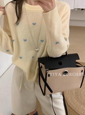 现货 100羊毛)韩国东大门 温柔甜美风小爱心撞色圆领针织衫F171