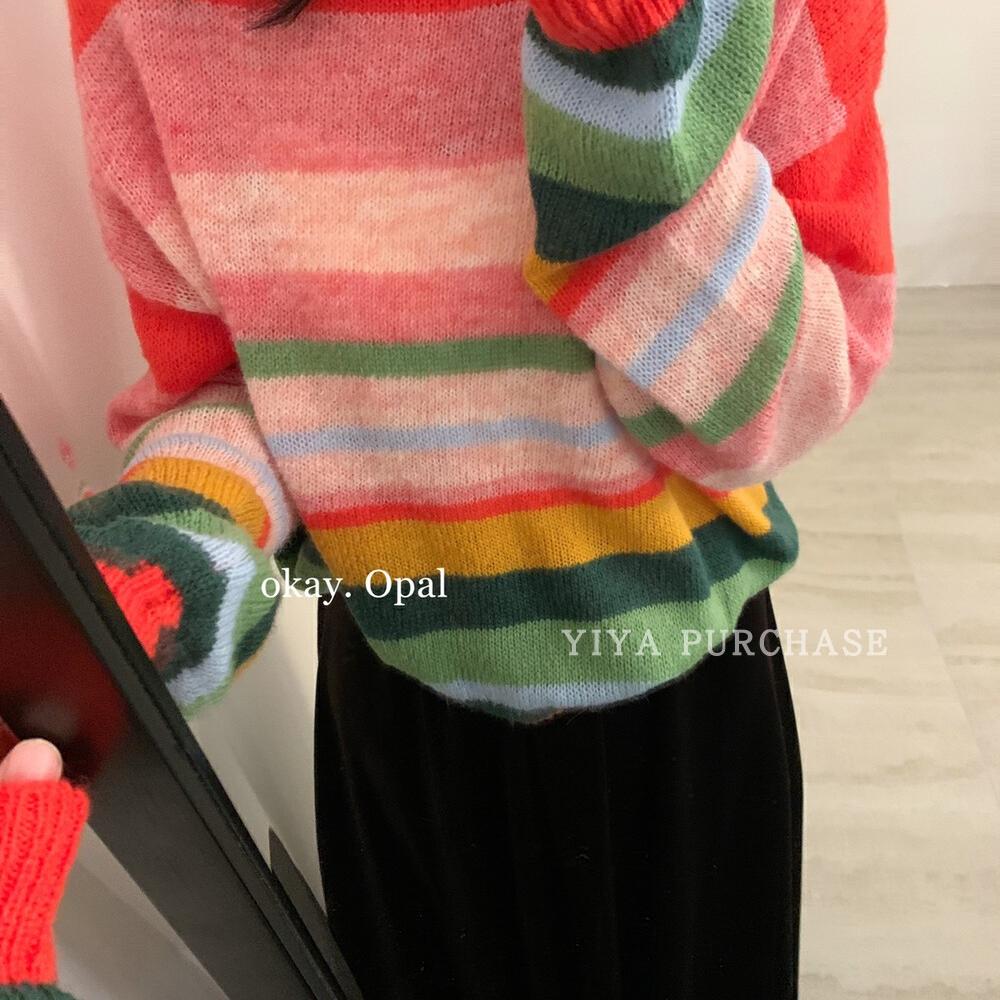 显白撞色彩虹条纹针织衫毛衣