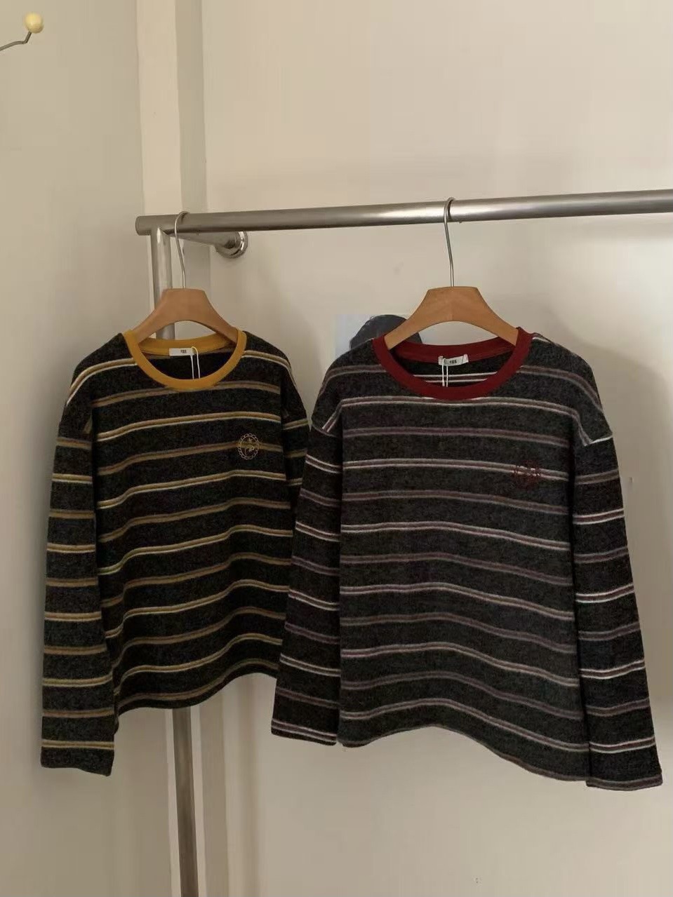 冬上新！egg家韩国复古刺绣加厚磨毛条纹T恤女～仿兔绒打底衫上衣