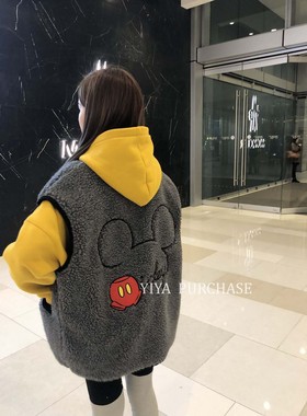 JUICE韩国东大门 可爱米奇刺绣羊羔毛宽松百搭坎肩马甲背心女