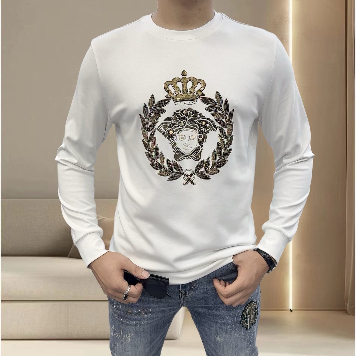 潮牌修身男装长袖t恤男款秋季美式高街内搭卫衣圆领丝光棉打底衫