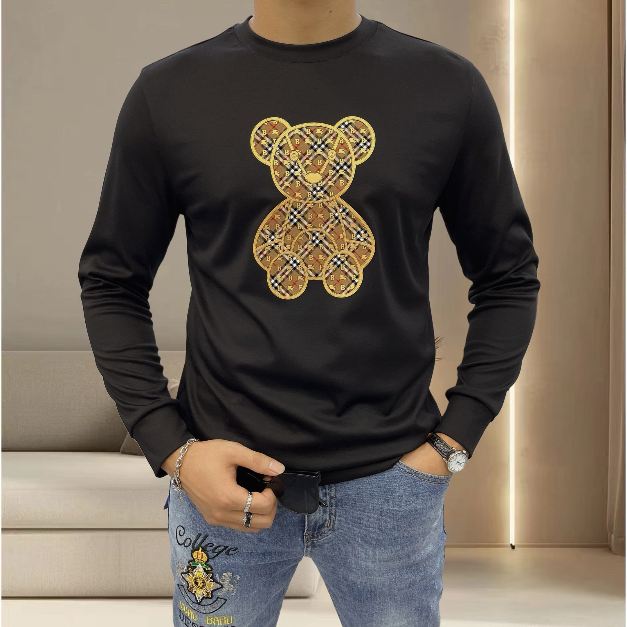 欧货圆领轻奢时尚卫衣男士2024秋冬个性图案长袖T恤烫钻高端上衣