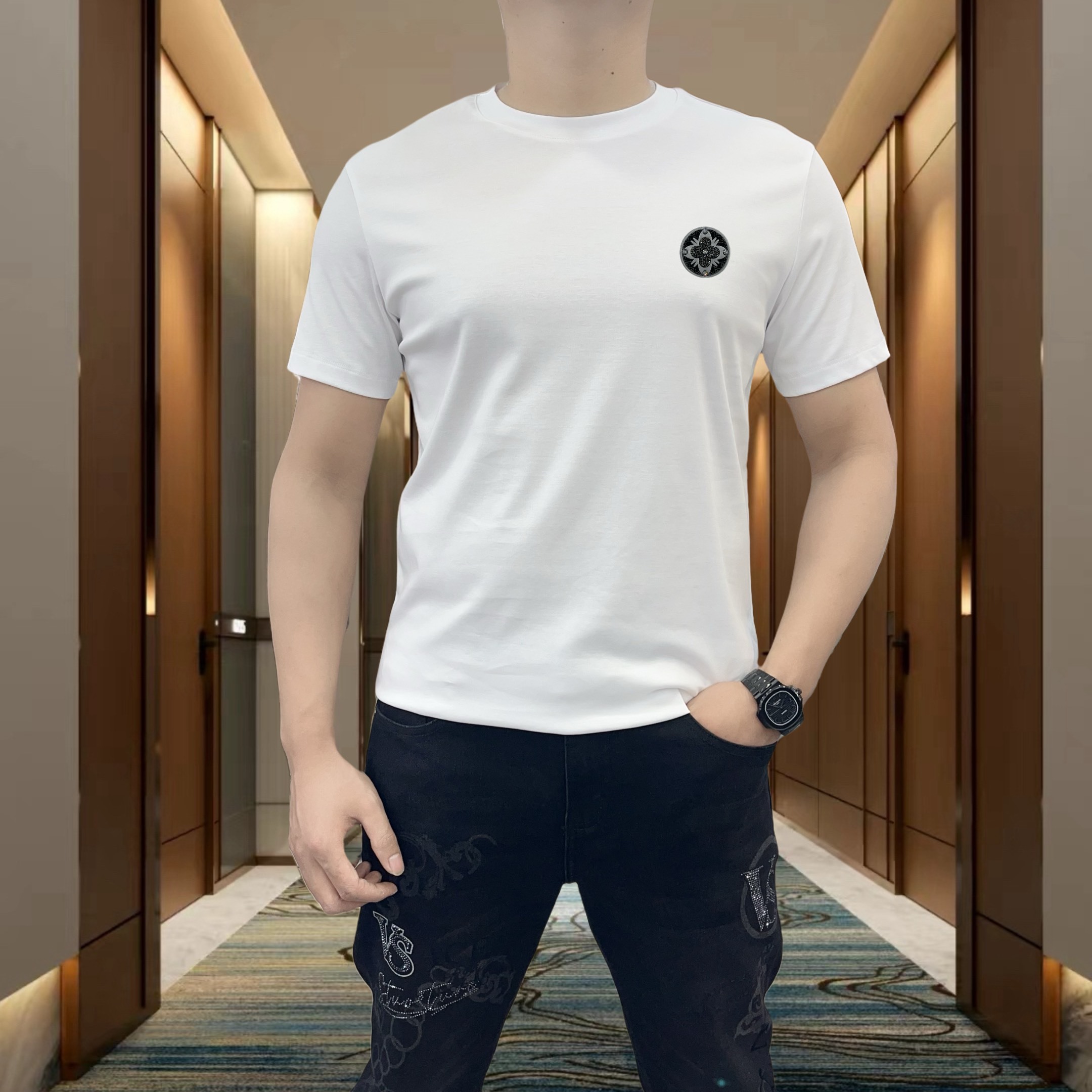 欧洲站纯棉男士短袖T恤夏季修身圆领纯色潮流打底衫烫印半袖体恤