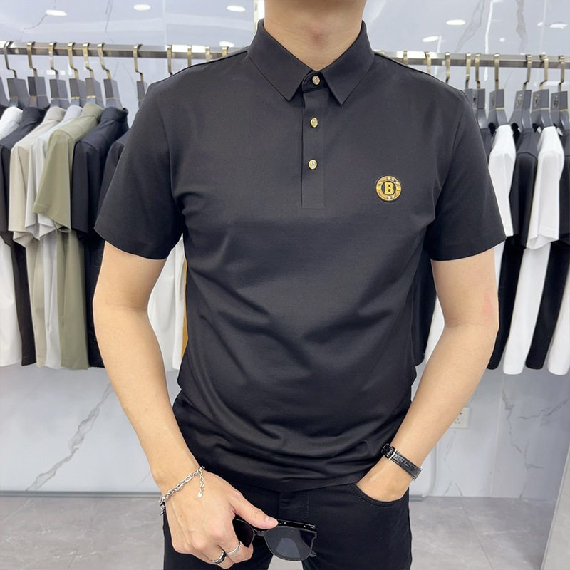 高端商务青年双丝光棉短袖T恤男刺绣翻领网眼珠地polo衫时尚修身