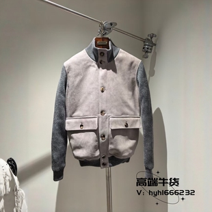 休闲立领男款 秋冬进口山羊绒针织麂皮绒拼接时尚 真皮针织外套