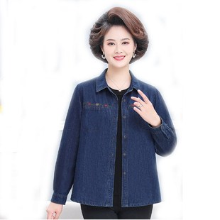 中老年女装长袖休闲牛仔衬衫妈妈装纯棉老年人衣服绣花奶奶装大码