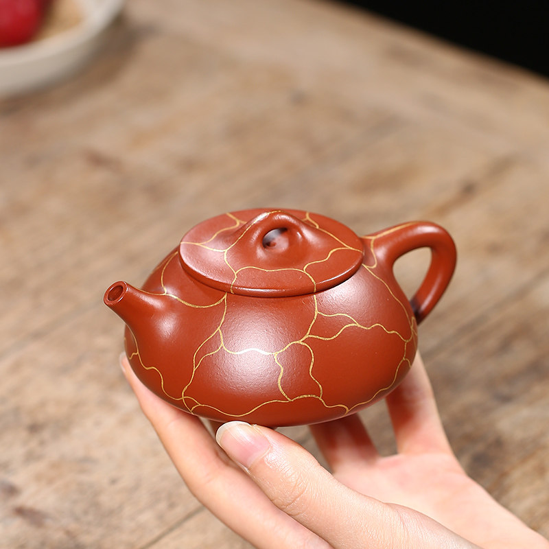 宜兴紫砂壶名家谢晓东纯全手工茶具泡茶壶原矿朱泥大红袍描金石瓢