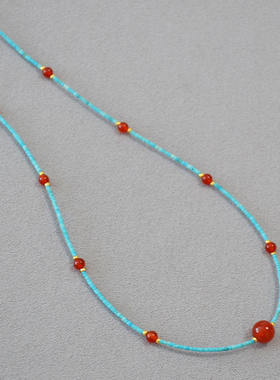 国潮新中式小众设计复古绿松石管珠红玛瑙串珠简约气质项链锁骨链