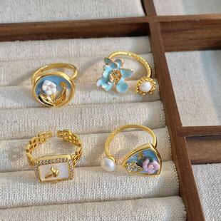 新款中古风巴洛克珍珠考口接法式油画蓝色滴釉花朵宫廷风手表戒指