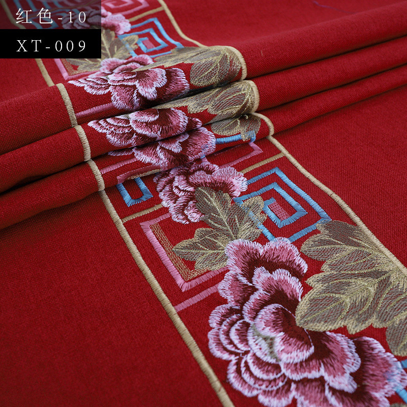 新中式亚麻刺绣现货沙发面料棉麻桌旗绣花布抱枕坐垫批发