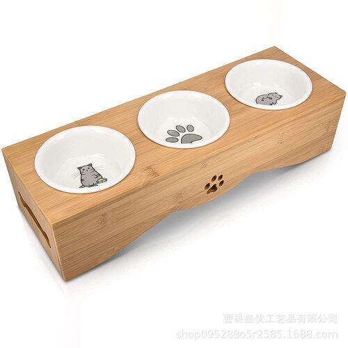 猫咪喂食器宠物猫食盆陶瓷猫碗高脚猫咪用品猫碗实木宠物碗架倾斜