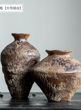 景德镇复古禅意摆件陶瓷花瓶侘寂风怀旧插花民宿酒店手工大粗陶罐