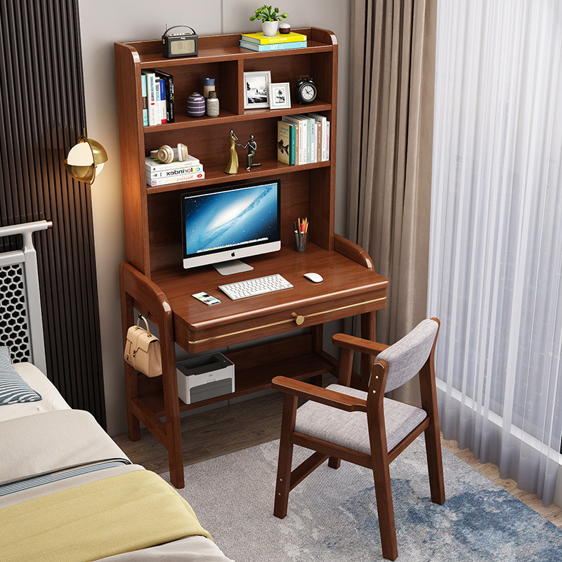 热销家用台式电脑桌子实木书桌书架一体小户型卧室80cm儿童学习写